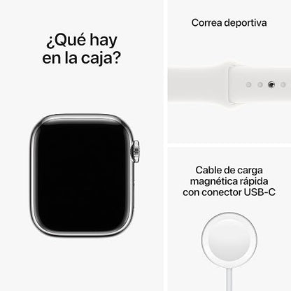 Apple Watch Series 8 (GPS + Cellular) Smartwatch con Caja de Acero Inoxidable Color Plata de 41 mm y Correa Deportiva Blanca. Apps ECG y Oxígeno en Sangre, Resistente al Agua