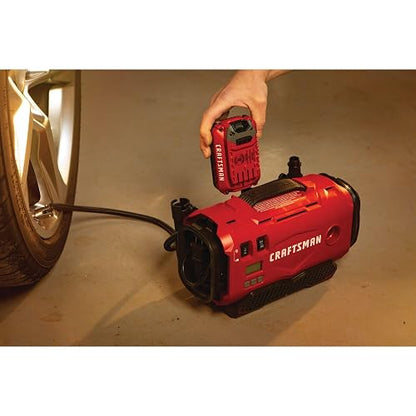 CRAFTSMAN Inflador Neumáticos Compresor Aire Portátil V20 3 Modos: Inalámbrico 120V 12V Rojo