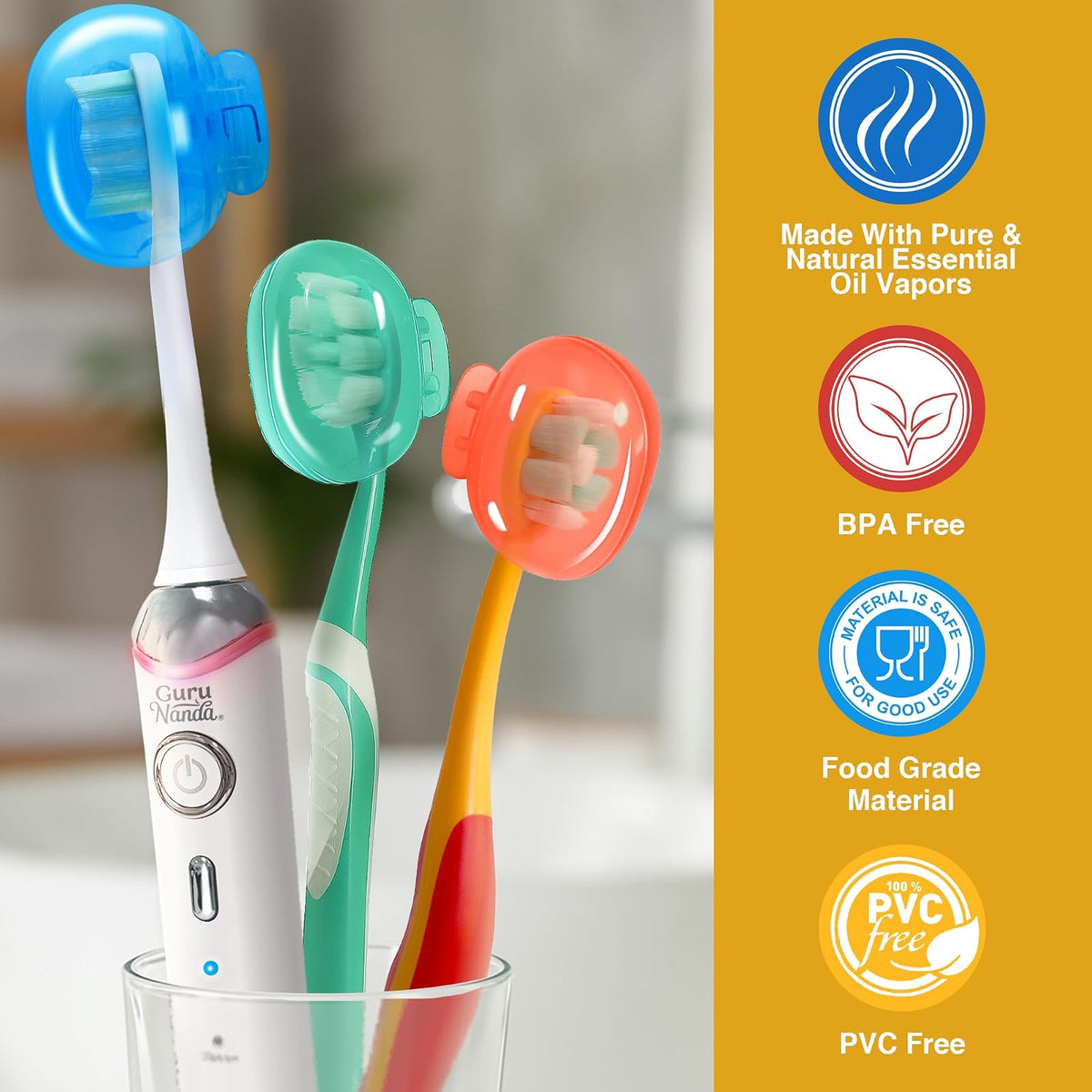 GuruNanda - Paquete de 4 cápsulas de cepillo para polvo de dientes para cepillos manuales y eléctricos, protector de cepillo para polvo de dientes de plástico con clips con vapores de aceite esencial