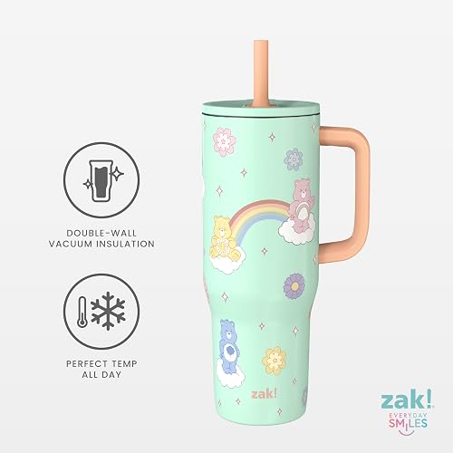 Zak Designs Care Bears Sutton - Vaso de viaje para uso en movimiento, acero inoxidable de 30 onzas con aislamiento al aspiradora, popote de silicona y asa de transporte para bebidas frías (osos de