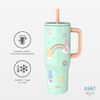 Zak Designs Care Bears Sutton - Vaso de viaje para uso en movimiento, acero inoxidable de 30 onzas con aislamiento al aspiradora, popote de silicona y asa de transporte para bebidas frías (osos de