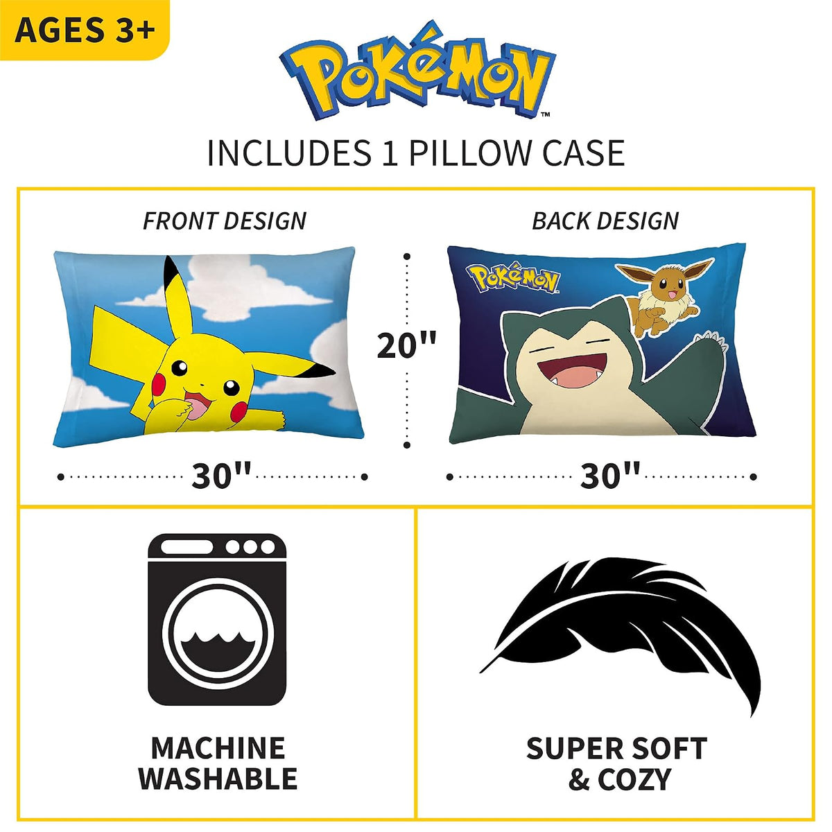 Franco Kids Bedding Funda de Almohada Reversible de Microfibra súper Suave, 20 x 30 Pulgadas, Pokemon