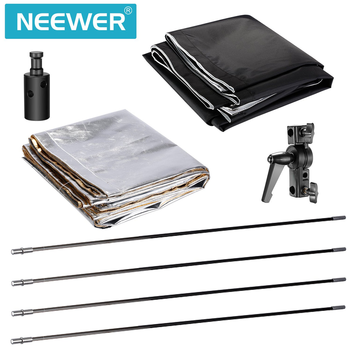 Neewer Reflector de 90x180 Centímetros Foto Estudio Dorado/Plata y Negro/Blanco Panel Plano Ligero con Soporte Bracket de 360 Degrados Giratorio y Funda