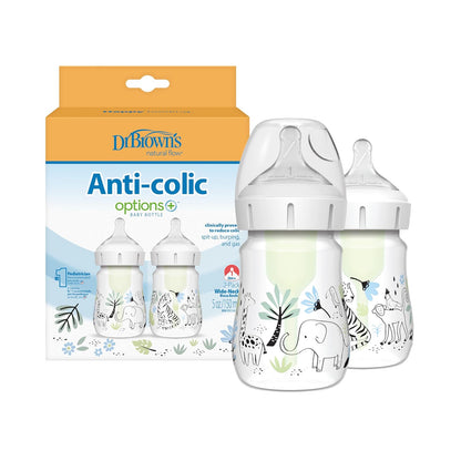 Dr. Brown’s Natural Flow® Anti-Colic Options+™ Wide-Neck Baby Bottle Designer Edition Bottles, Jungle Decos, 5 oz/150 mL, Level 1 Nipple, 2-Pack, 0m+