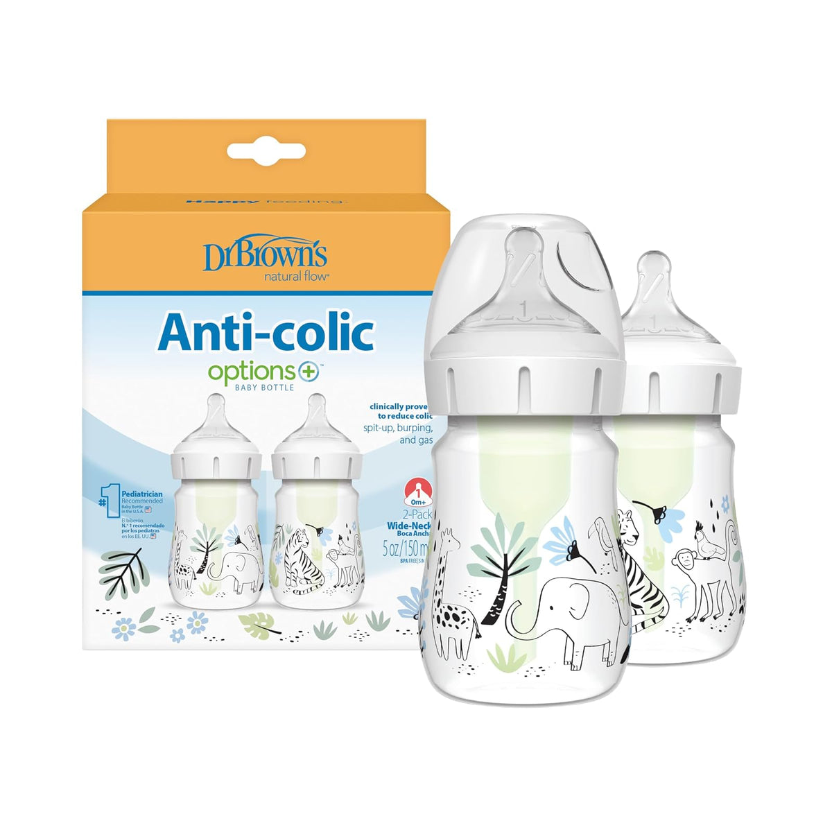 Dr. Brown's Natural Flow Anti-Colic Options+ Biberón Cuello Ancho, 5 oz, Paquete de 2 - MULTICOLOR