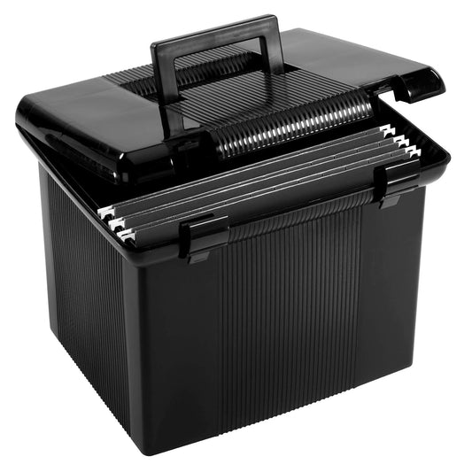 Pendaflex - Caja de archivos portátil con rieles de archivo, almacenamiento simple de documentos, contenedor de archivos para el hogar y la oficina, tapa con bisagras con cierre de doble cierre, negro
