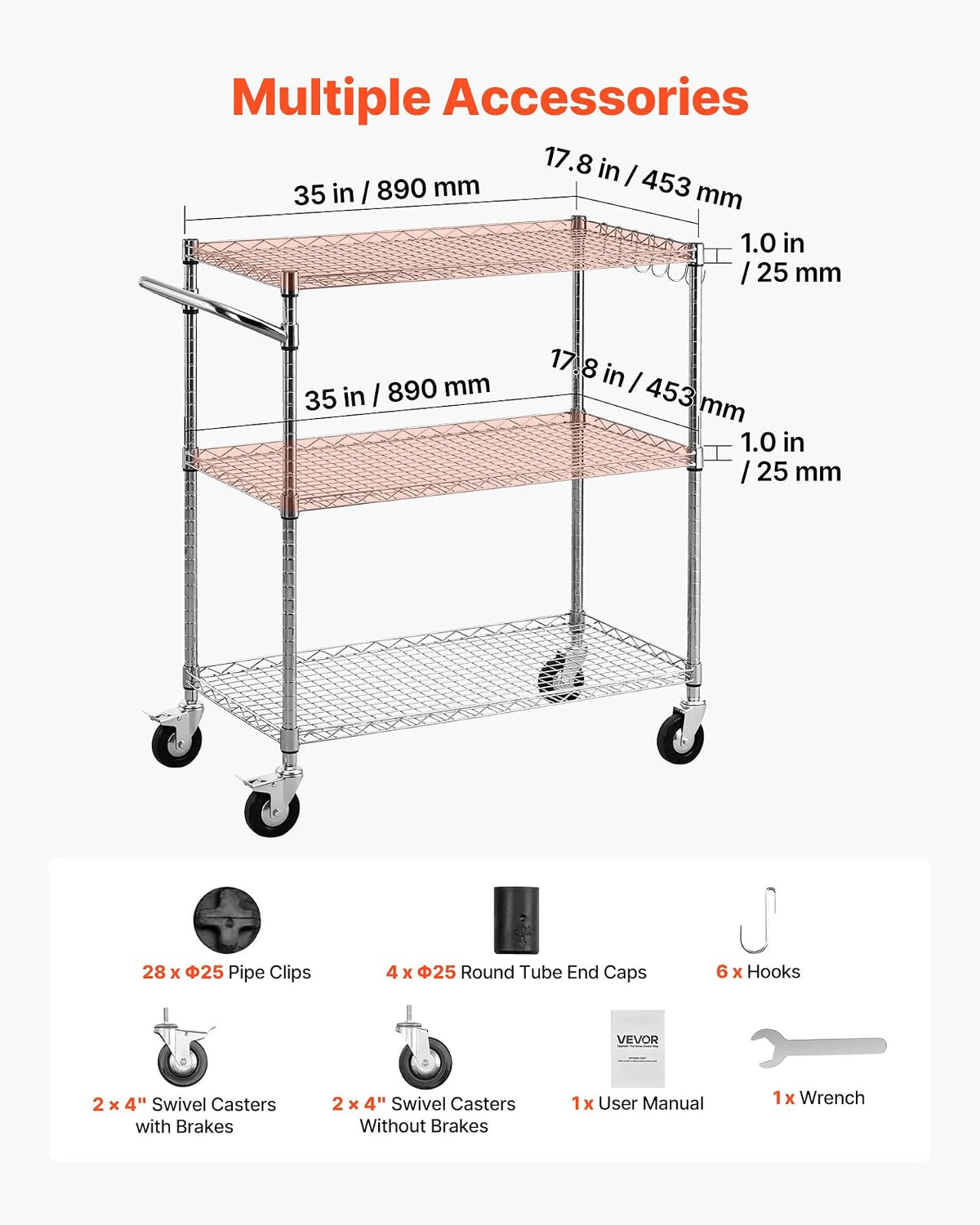 VEVOR Carrito de Cocina de 3 Niveles, Estante de Almacenaje de Alambre Ajustable, Carrito Auxiliar con Ruedas Giratorias y Asa, Carro de Servicio para Cocina, Garaje, Lavadero, 89 x 45,3 x 104 cm