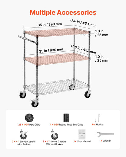 VEVOR Carrito de Cocina de 3 Niveles, Estante de Almacenaje de Alambre Ajustable, Carrito Auxiliar con Ruedas Giratorias y Asa, Carro de Servicio para Cocina, Garaje, Lavadero, 89 x 45,3 x 104 cm