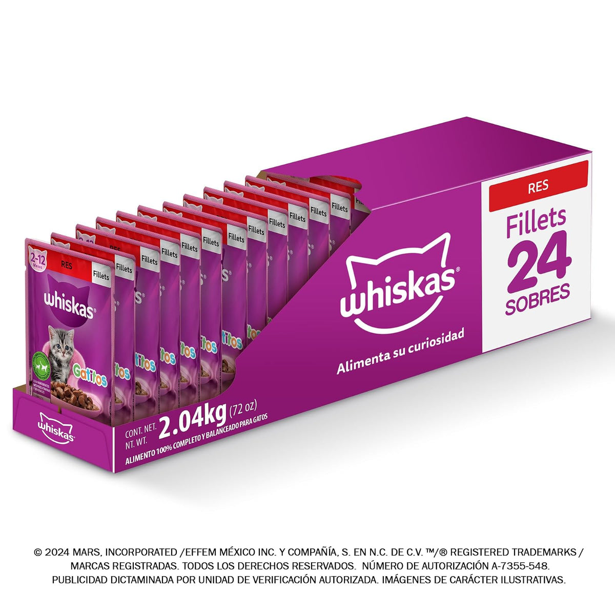 Whiskas Alimento Húmedo para Gatitos, Sabor Res, 85g c/u. Paquete de 24 Unidades