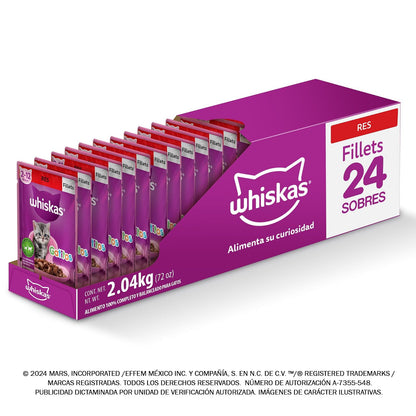 Whiskas Alimento Húmedo para Gatitos, Sabor Res, 85g c/u. Paquete de 24 Unidades