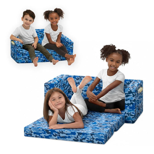 Delta Children Cozee 2 en 1 - Sofá convertible extra ancho para tumbona, cómodo y abierto para niños, camuflaje azul