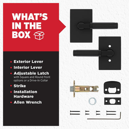Kwikset Prava - Manija moleteada para puerta de paso interior, palanca para puertas de clóset y pasillo, palanca reversible sin bloqueo, negro mate, con protección Microban