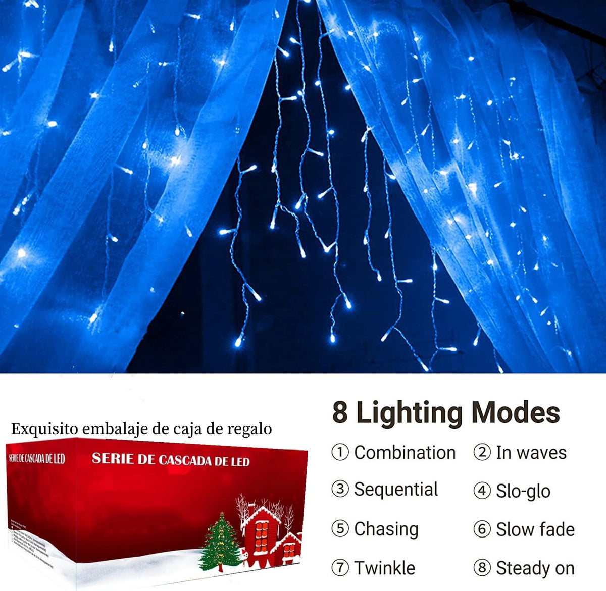 Luces Navideñas Cascada de Luces led -POWEROAK Luces de Navidad 13M 700LED IP44 Serie de Cascada led con 8 Modos de Iluminación Luz cascada Navidad Decorativas. (13M 700LED, Azul)