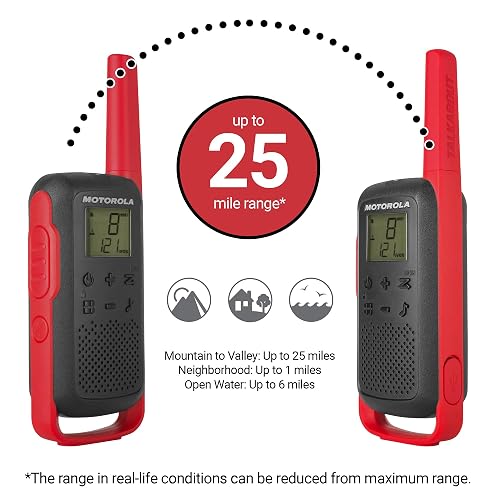 Motorola Solutions, Portable FRS, T210, Talkabout, Radios bidireccionales, Recargables, 22 Canales, 20 Millas, Negro con Rojo, Paquete de 2