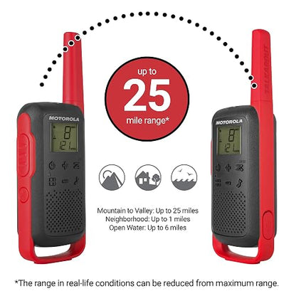 Motorola Solutions, Portable FRS, T210, Talkabout, Radios bidireccionales, Recargables, 22 Canales, 20 Millas, Negro con Rojo, Paquete de 2