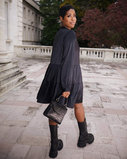 The Drop Minivestido Escalonado Para Mujer, con Botones al Frente, Negro, por @highlowluxxe