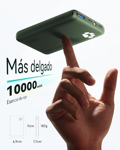 INIU Power Bank, 40% Más Pequeño 10000mAh 45W Carga Rápida Batería Portátil | Cable USB C Desmontable, Apto para Avión, Esenciales de Viaje, Bateria Portatil para iPhone 17 Samsung Xiaomi etc. [Verde]