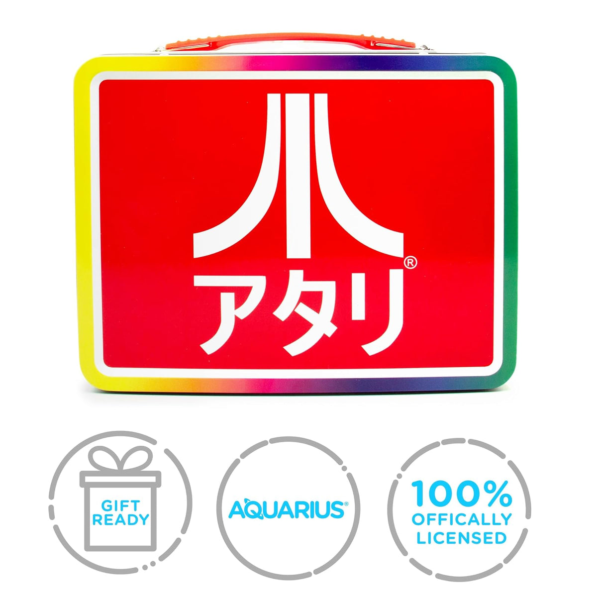 AQUARIUS Atari Fun Box - Caja de almacenamiento de lata resistente con mango de plástico y cubierta frontal en relieve, producto oficial de Atari y regalo coleccionable