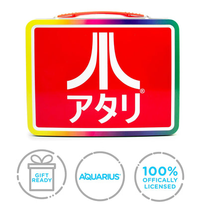 AQUARIUS Atari Fun Box - Caja de almacenamiento de lata resistente con mango de plástico y cubierta frontal en relieve, producto oficial de Atari y regalo coleccionable