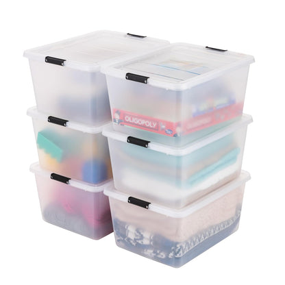 IRIS USA Paquete de 6 Cajas Clip de Alta Capacidad de 30 L con Tapa y Cierres, Contenedores para Manualidades, Arte y Oficina, Transparente - 30.8 L - Paquete de 6
