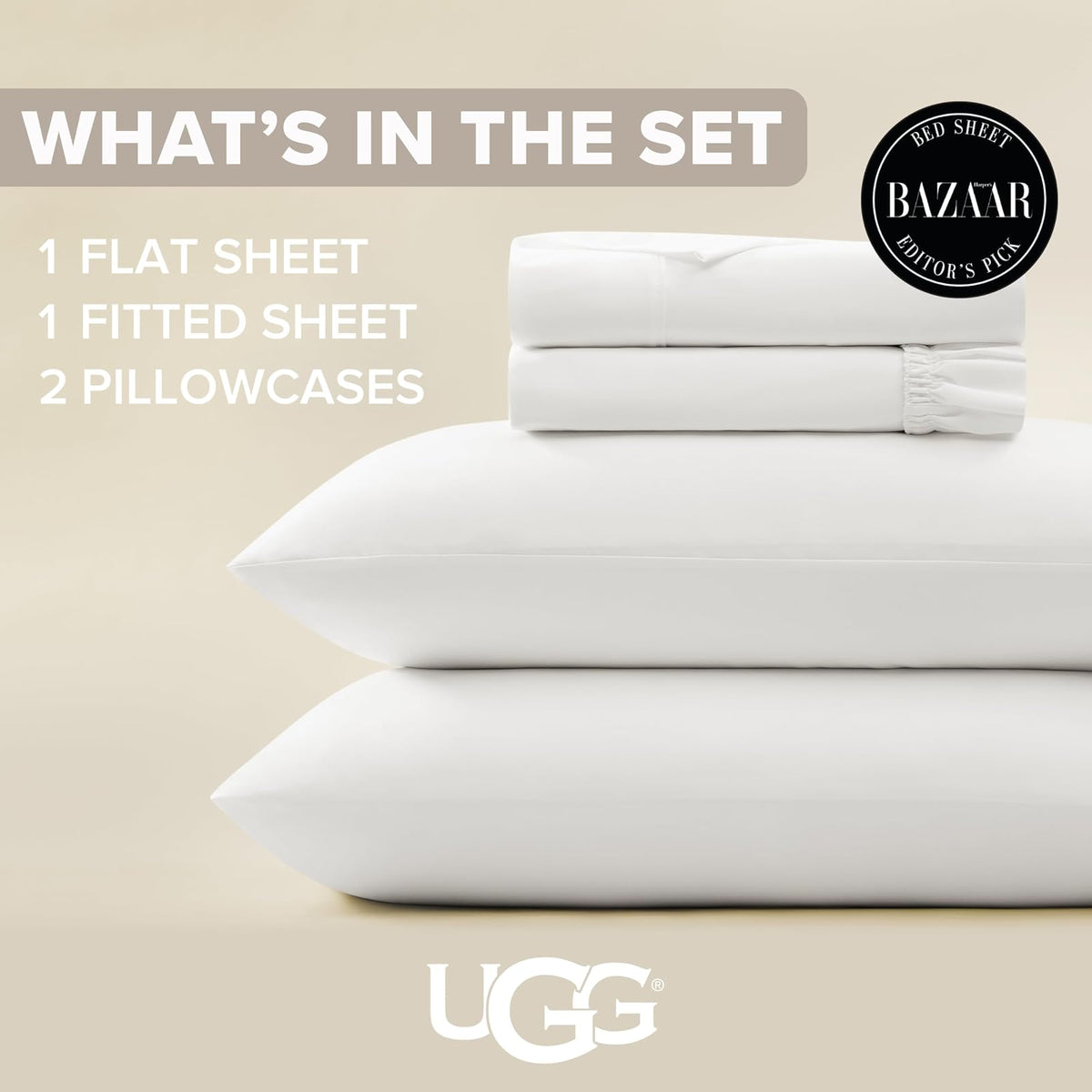 UGG - Juego de sábanas de Lujo de 4 Piezas con Bolsillos Profundos y 2 Fundas de Almohada Lavables a máquina, para recámara básico y Ropa de Cama universitaria, tamaño matrimonial XL, Blanco (Hedi)