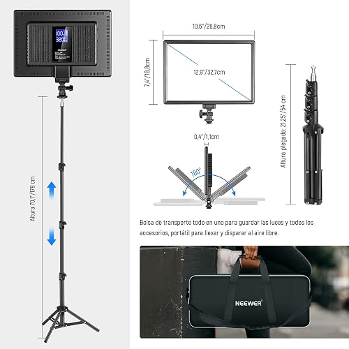 NEEWER NL-192AI Kit 2 Paneles LED de Video 13" con Trípodes | Bi Color, Regulables, Batería 4000mAh, 3200K-5600K, CRI97+, USB, para Estudio, Streaming y YouTube, Negro
