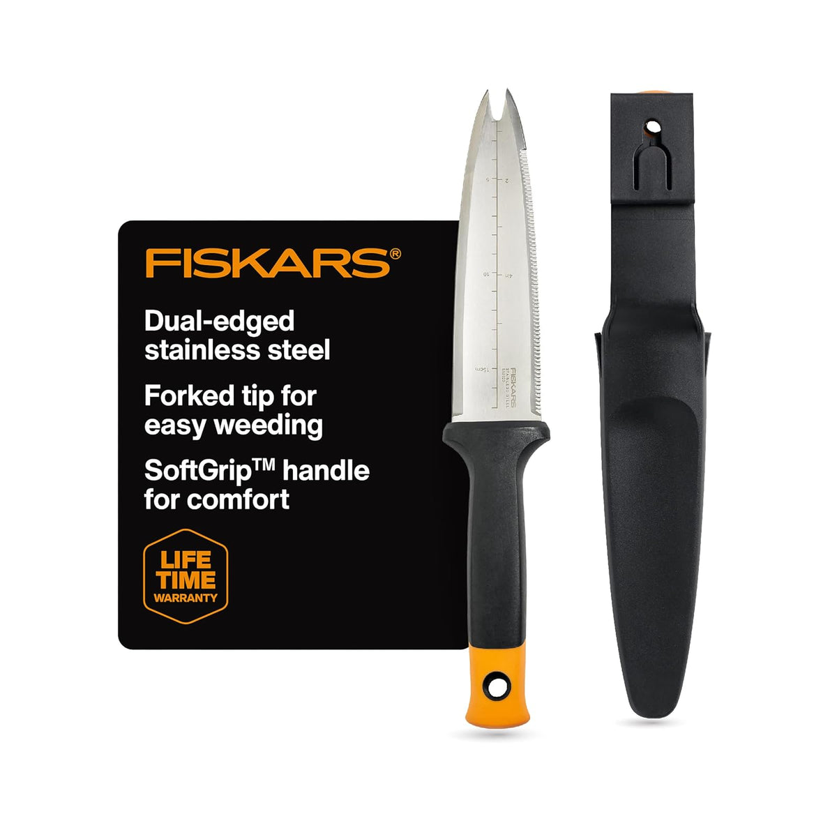 Fiskars 340130-1001 Garden Hori - Cuchillo con vaina, color negro | Herramienta de jardinería multiusos para deshierbe, plantar y excavar, incluye agujero colgante para almacenamiento