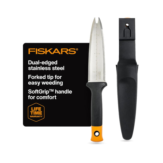 Fiskars 340130-1001 Garden Hori - Cuchillo con vaina, color negro | Herramienta de jardinería multiusos para deshierbe, plantar y excavar, incluye agujero colgante para almacenamiento