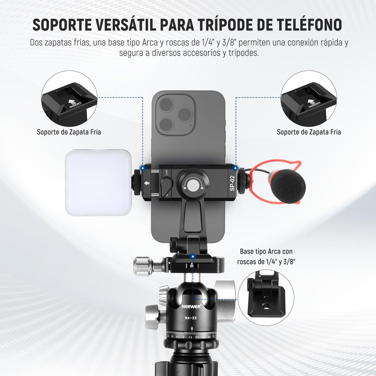 NEEWER SP-02 Típode Móvil Montaje Adaptador con Placa Liberación Rápida Arca Zapata Fría 360° Rotación 180° Tilt Paño Limpieza, Soporte Plegable Compatible con iPhone Android Samsung para Grabación