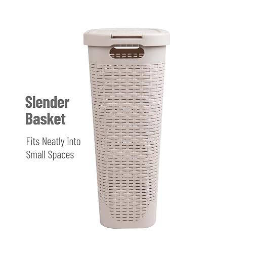 Mind Reader 40L Slim Laundry Hamper, Clothes Basket, Lid, Wicker Design, Plastic, 18" L x 10.4" W x 23.5" H, Set of 2, Ivory