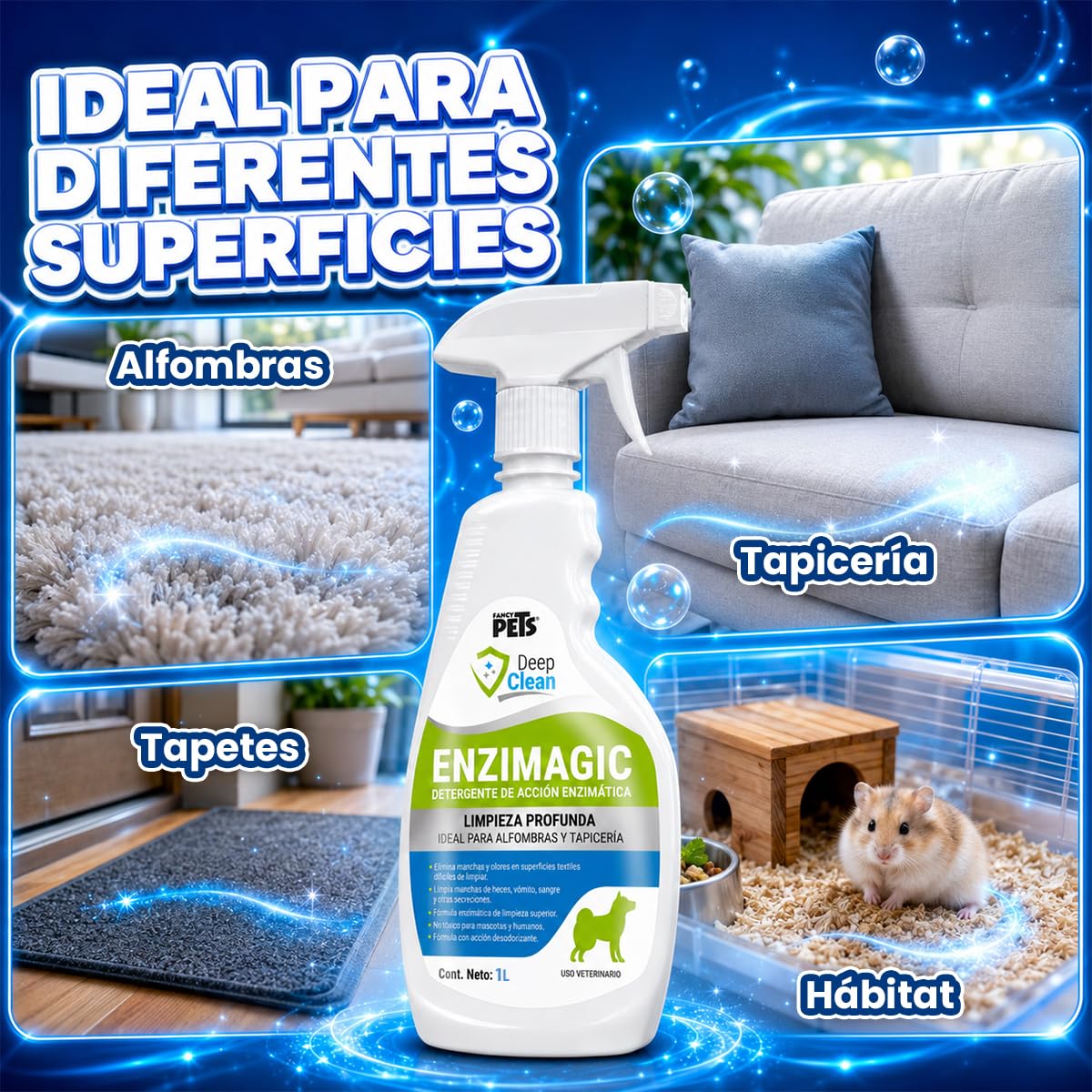 Fancy Pets Deep Clean Enzimagic Limpiador Eliminador de Manchas y Olores de Perros y/o Gatos en Alfombras, Tapicería y otras Telas con 1 Litro