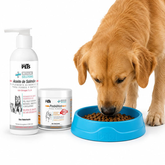 Lomas Medical Solutions Kit Salud Digestiva y Bienestar para Perros Aceite de Salmón Omega 3 + Probiótico + Plato 16 oz (Colores Surtidos)