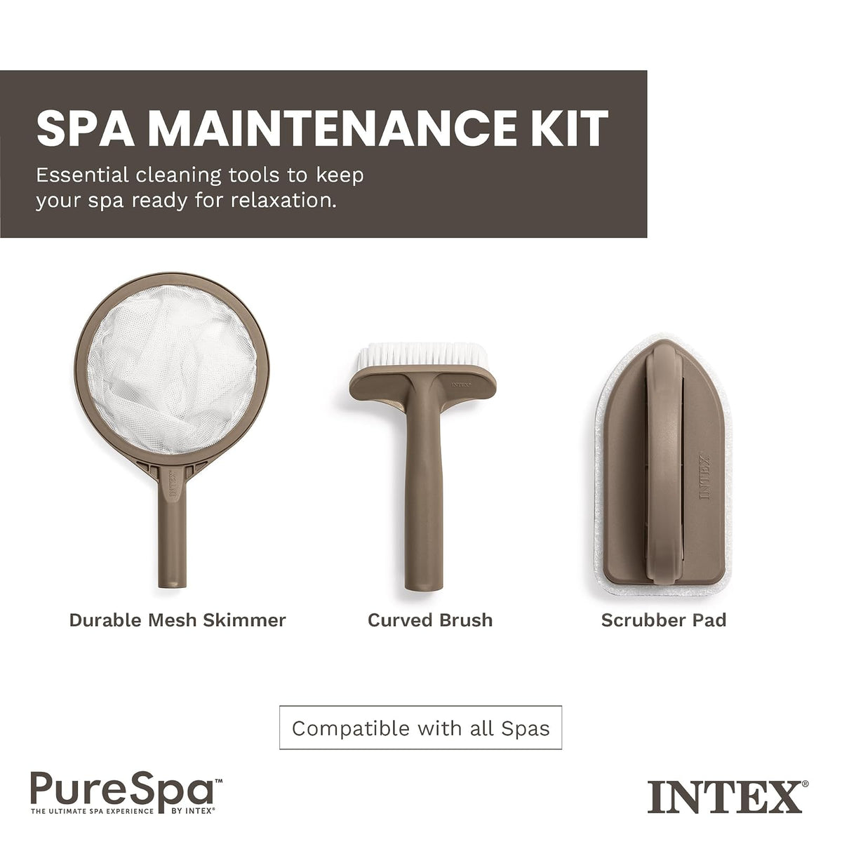 Intex PureSpa Kit de Accesorios de Mantenimiento | 3 piezas, cepillo para polvo curvado, skimmer de malla, depurador