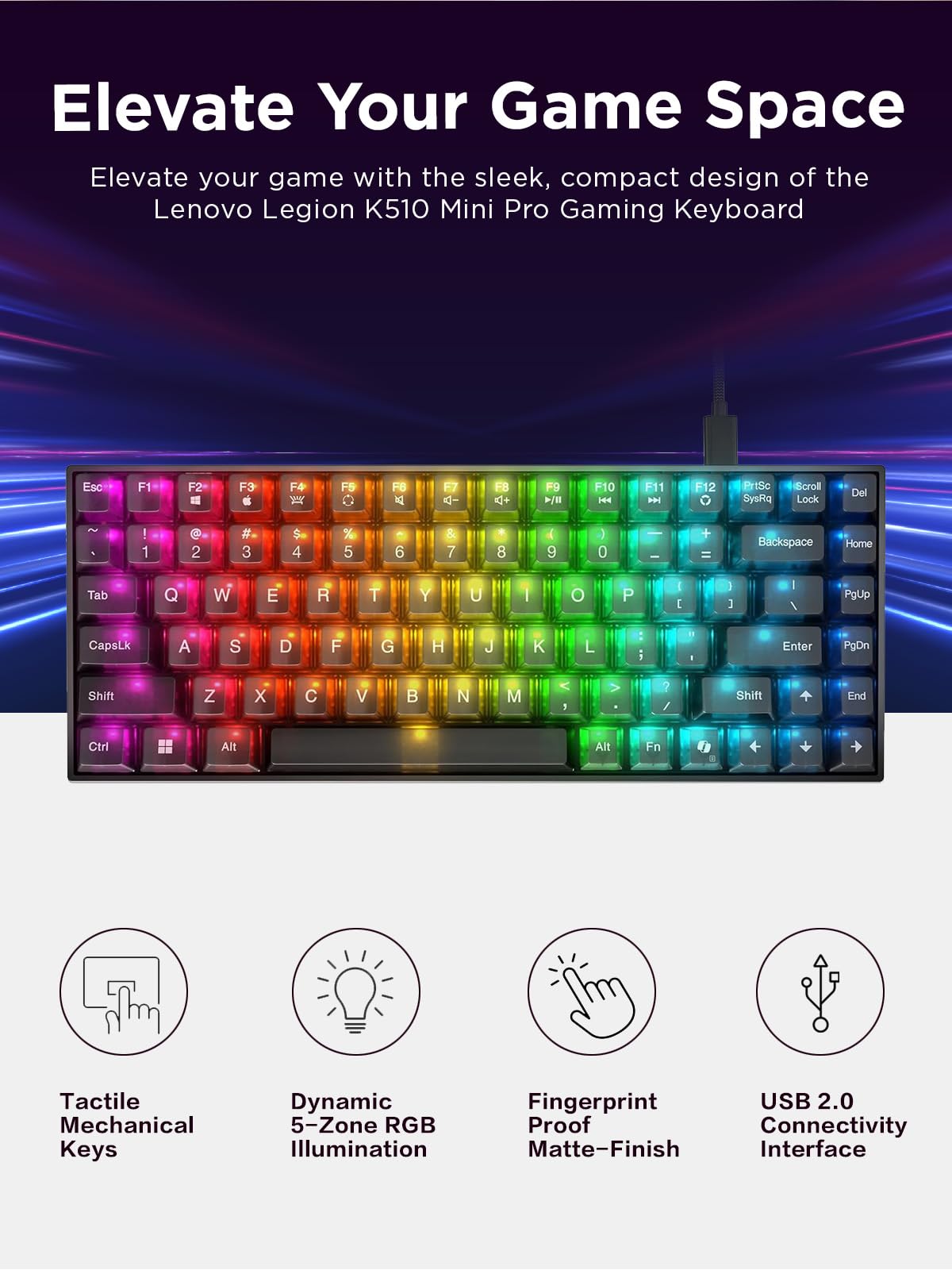 Lenovo Legion K510 Mini Pro Teclado mecánico para Juegos, 75% diseño sin Llave, Teclas translúcidas, por tecla RGB, interruptores mecánicos Intercambiables en Caliente, Llave copiloto MS, Cable USB-C