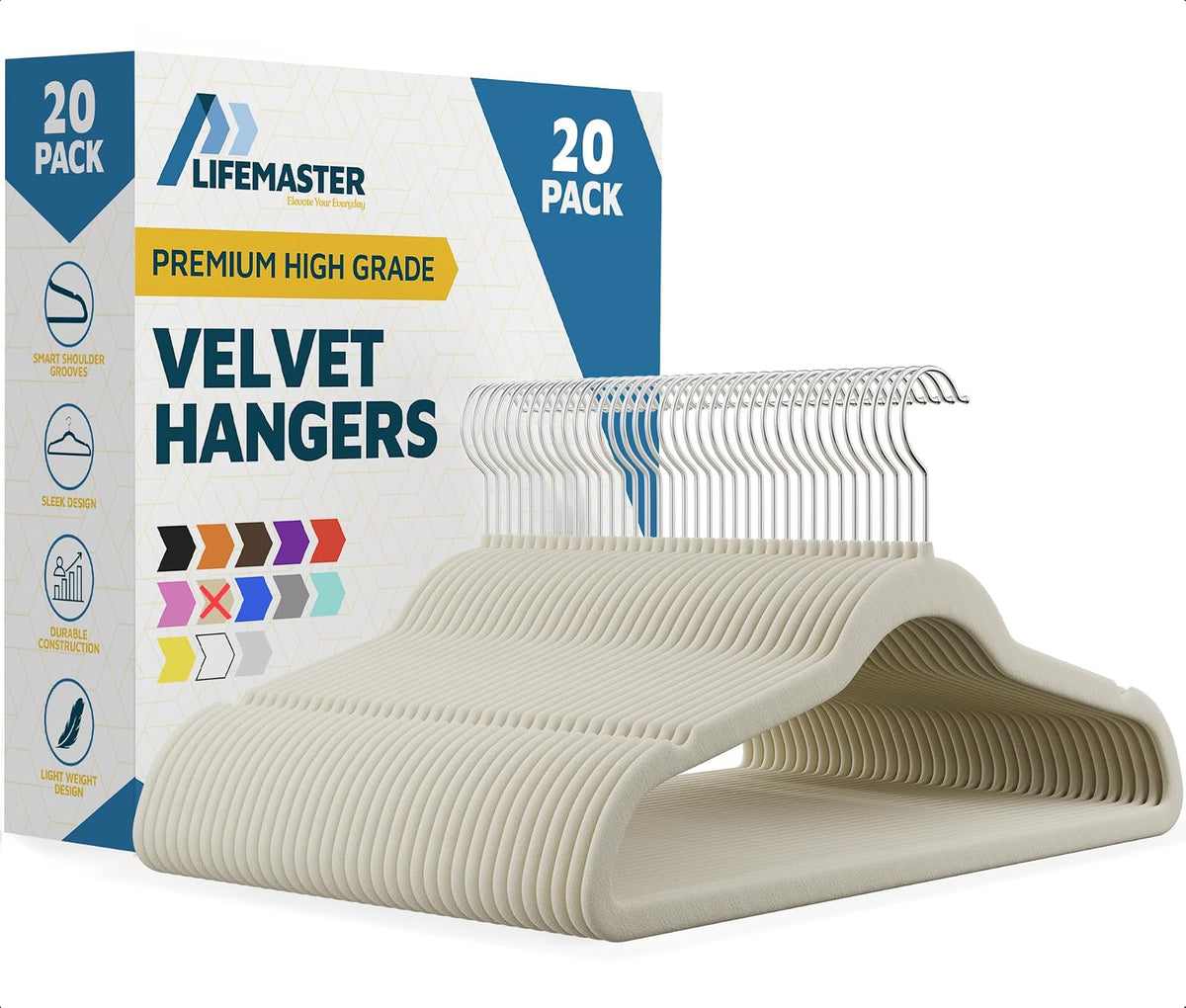 Velvet Non-Slip Hangers - 20 Pieces Non-slip Coat Hanger Set with 360° Swivel Hook, Space-Saving, Sleek Design, Keep Closet Organized, Smooth Velvet Finish, Lightweight Construction - Ivory - 59.7 x 43.2 x 105 cm - Marfil