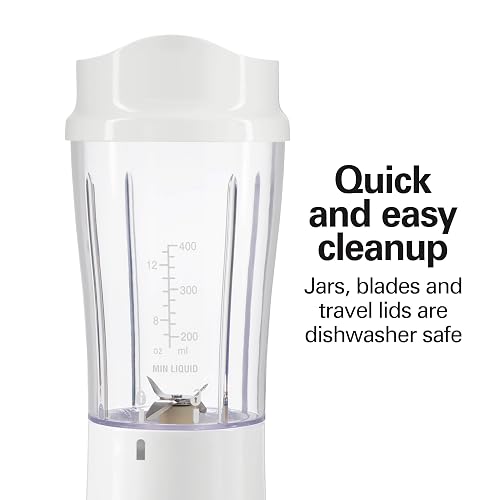 Hamilton Beach Batidora Portátil Personal | Blanco, 2 frascos, 14 oz sin BPA, cuchillas de acero inoxidable, frasco convertido en taza de viaje, cable de 24 pulgadas