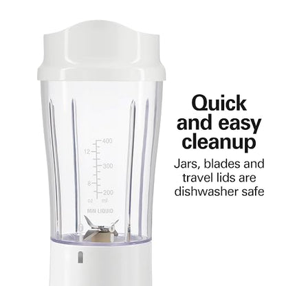Hamilton Beach Batidora Portátil Personal | Blanco, 2 frascos, 14 oz sin BPA, cuchillas de acero inoxidable, frasco convertido en taza de viaje, cable de 24 pulgadas