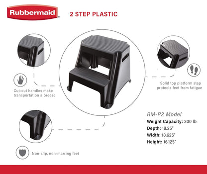 Rubbermaid RM-P2 2-Step Molded Plastic Stool with Non-Slip Step Treads, 300-Pound Capacity, Black Finish