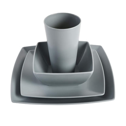 Gibson Home Soho Grayson - Vajilla cuadrada de plástico de melamina para cuatro (16 piezas), color gris