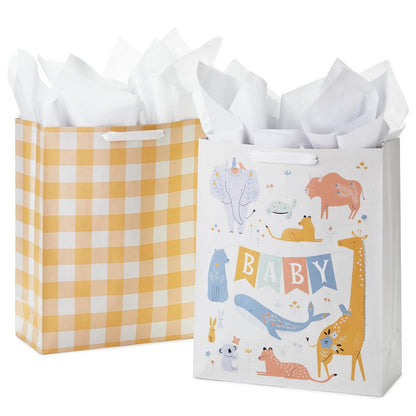 Hallmark Bolsas de regalo extra grandes de 15 pulgadas con papel de seda (2 bolsas: animales de bebé, cuadros amarillos) para baby shower, primer cumpleaños, fiestas de revelación de género