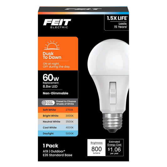 Feit - foco LED eléctrica A19 equivalente a 60 W, 5CCT, no regulable, base media E26, 90 CRI, 800 lúmenes, blanco ajustable, 13 años de vida, OM60/5CCTCA/DD/LEDI