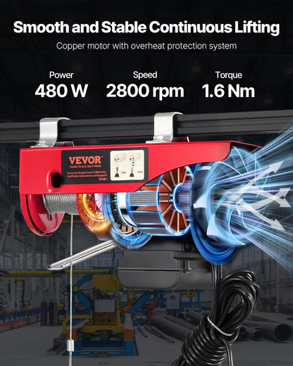 VEVOR Polipasto eléctrico de 440 libras con control remoto con cable de 14 pies, polipasto eléctrico de 110 voltios con altura de elevación de cable único de 40 pies y motor de cobre puro, para fábric