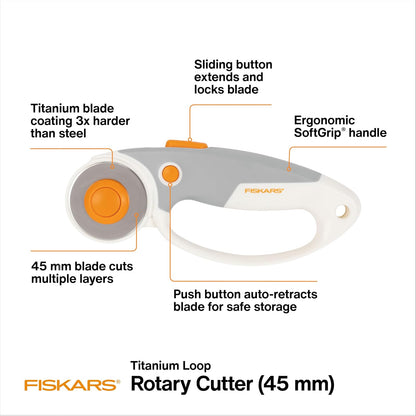 Fiskars - Cortador Rotativo de Bucle, Titanio, 45 mm, Mango de Agarre Suave