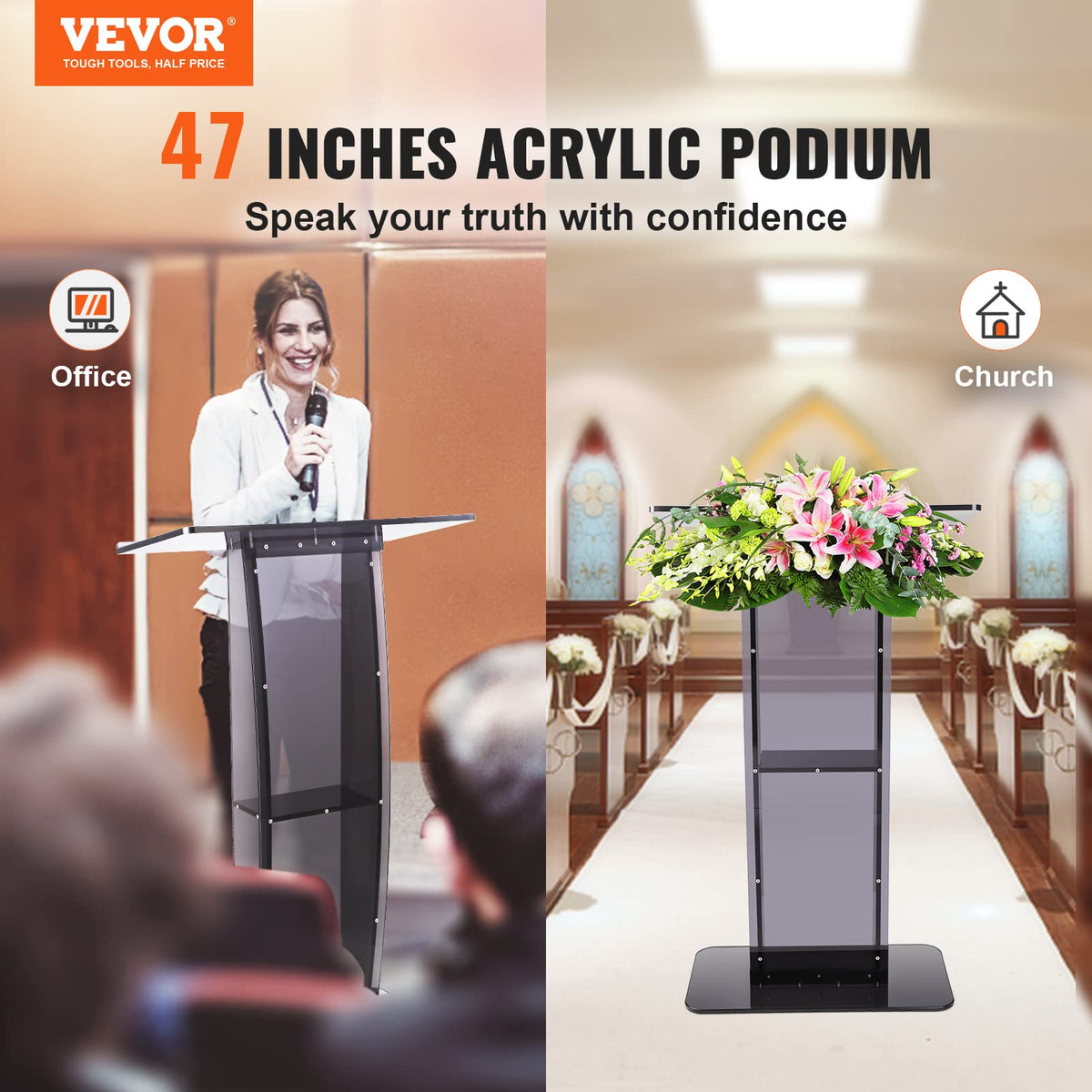 VEVOR - Podio acrílico, soporte de podio acrílico de 47 pulgadas con superficie de lectura amplia y estante de almacenamiento, púlpitos transparentes de pie para iglesia, oficina, escuela, negro