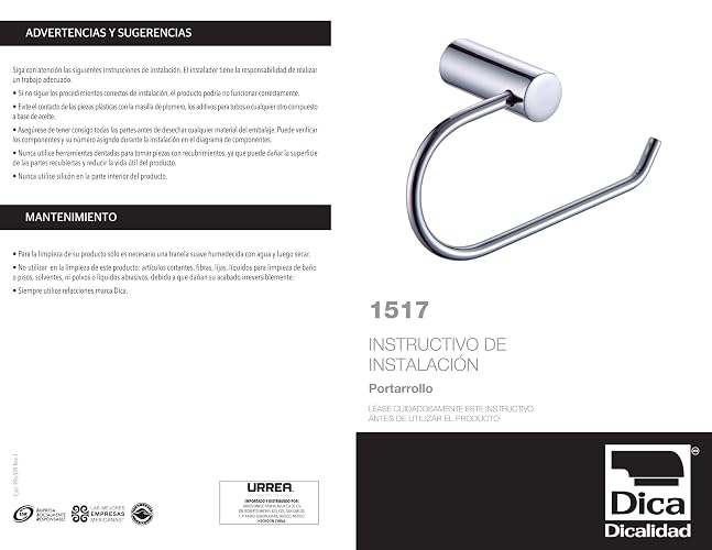 DICA, Portarollo sin Cubierta, Acero Inoxidable, Acabado Cromo Largo 149.6mm, 3 Años de Garantia, 1517