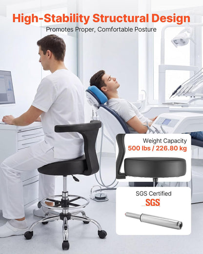VEVOR Taburete Giratorio de Trabajo, Taburete con Respaldo Reposapiés y Ruedas, Ajustable 54-70 cm, Giro 360°, Capacidad de Carga 226,8 kg, Asiento Ergonómico Acolchado, Silla para Oficina Clínica
