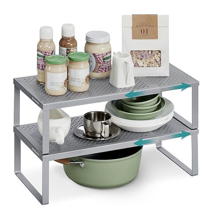 SONGMICS Juego de 2 Especieros, Extensibles, Organizador de Cocina, Estante de Cocina, Organizador de Armario, Metal, Plateado MKCS402FG01