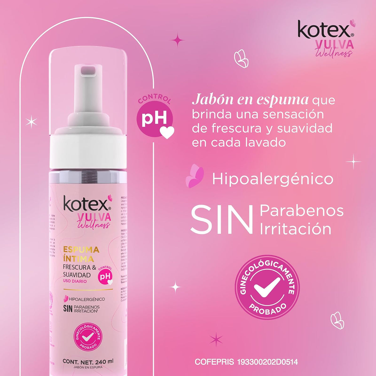 Espuma Íntima Kotex, Vulva Wellness 240 ml