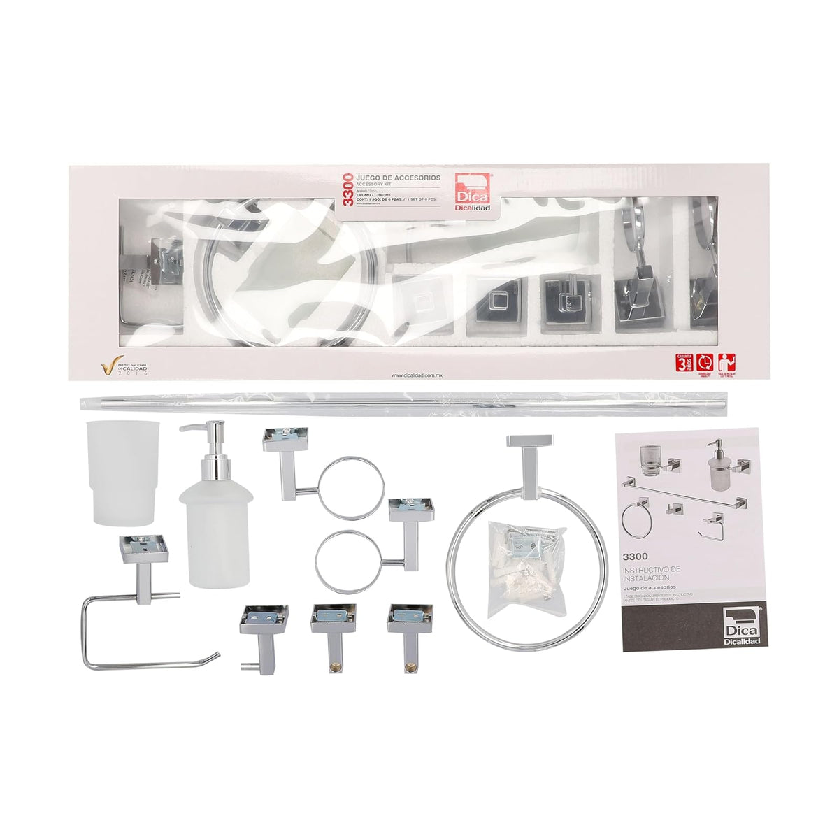 Dica 3300 Juego de Accesorios para baño, 6 Piezas, Acabado Cromo/Vidrio