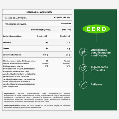 FLORA 01 | Simbiótico Diario | Probióticos 60 Billones UFC 15 Cepas | Apoyo Digestivo, Bienestar Intestinal y Metabolismo | 30 cápsulas.